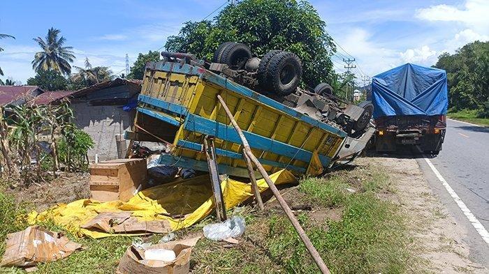 Sopir Kehilangan Kendali di Jalan HSS Sudut Kalsel, Truk Pengangkut 8 Ton Ayam Beku Terguling – Tribun Kalteng